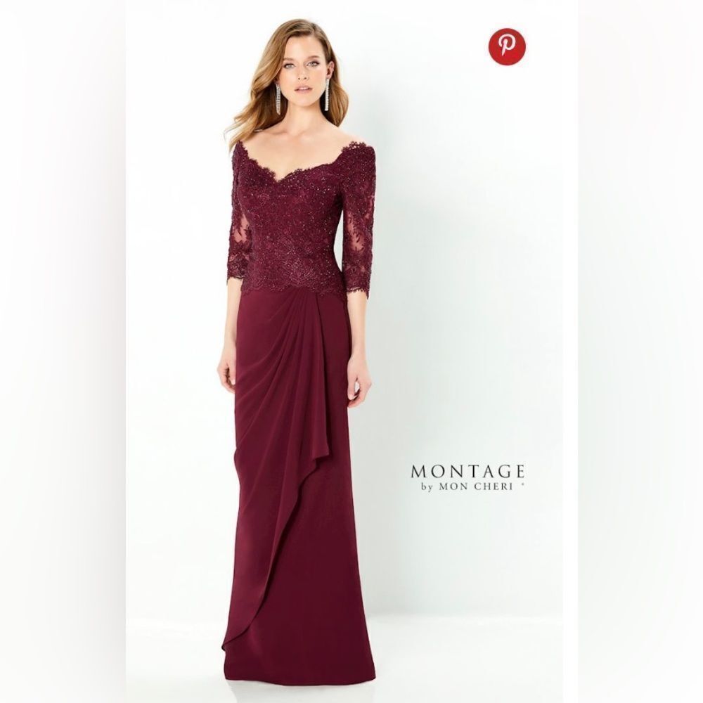 NEW Montage By Mon Cheri 220942 wine lace chiffon maxi gown formal dress 18